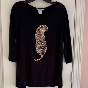 Joan Vass  3/4 sleeve Black Top with Sequin Tiger Design. Gorgeous